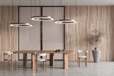 Light dining interior with chairs and wooden dining table, grey concrete floor. Dried flower in vase, big lamps. Stylish eating area in studio apartment. 3D rendering