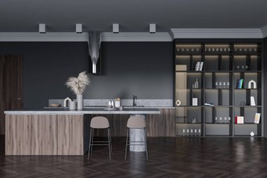 Front view on dark kitchen room interior with island with barstools, cupboard, shelf with glasses, grey wall, sink, oak wooden floor. Concept of minimalist design. 3d rendering