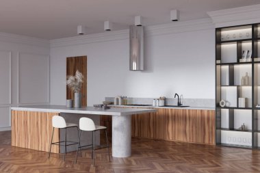 Corner view on bright kitchen room interior with island with barstools, cupboard, shelf with glasses, white wall, sink, oak wooden floor. Concept of minimalist design. 3d rendering