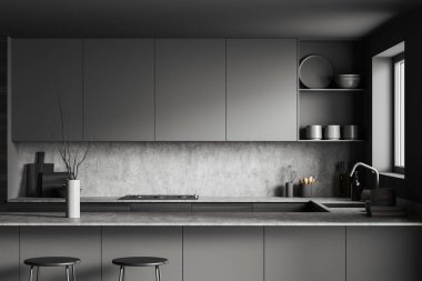 Dark kitchen interior with two bar chairs and countertop. Shelves with appliances, decoration. Modern cooking area with window. 3D rendering