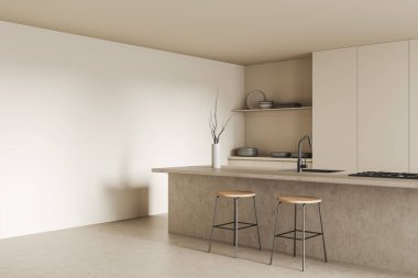 Beige kitchen interior with bar chairs and countertop with sink and stove, side view, light concrete floor. Stylish cooking space. Mockup empty wall. 3D rendering