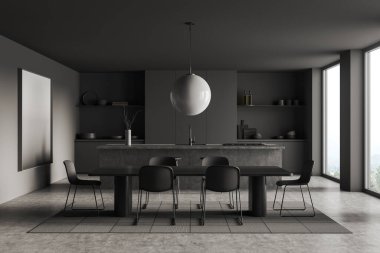 Dark kitchen interior with eating table, carpet on grey concrete floor. Cooking room with shelves and kitchenware, panoramic window on countryside. 3D rendering