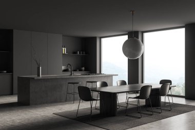 Dark kitchen interior with eating table, carpet on grey concrete floor. Cooking room with shelf and kitchenware, side view, panoramic window on countryside. 3D rendering