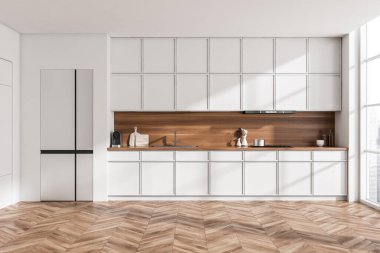 White kitchen interior with fridge and deck with kitchenware, front view, hardwood floor. Panoramic window on city view. 3D rendering