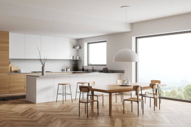 Corner view on bright kitchen room interior with panoramic window, island with barstools, dining table with chairs, cupboard, white wall, sink, wooden floor. Concept of minimalist design. 3d rendering