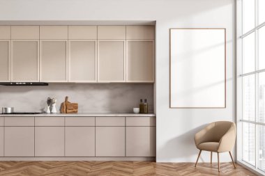Front view on bright kitchen room interior with empty white poster, panoramic window, armchair, cupboard, white wall, oak wooden floor. Concept of minimalist design. Mock up. 3d rendering