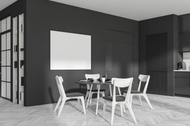 Corner view on dark kitchen room interior with empty white poster, dining table with chairs, cupboard, fridge, grey wall, oak wooden floor. Concept of minimalist design. Mock up. 3d rendering