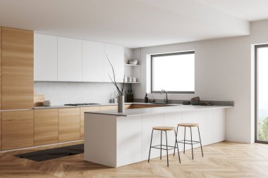 White kitchen interior with bar chairs and countertop, carpet on hardwood floor. Stylish cooking corner, side view, panoramic window on countryside. 3D rendering