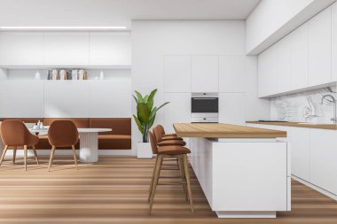 White kitchen interior with bar chairs and island, armchairs and eating table on hardwood floor. Shelf with books and plant, oven mounted. 3D rendering