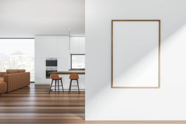 White kitchen interior with bar chairs and countertop, sofa near panoramic window on countryside. Eating and relax area in studio apartment. Mockup canvas poster. 3D rendering