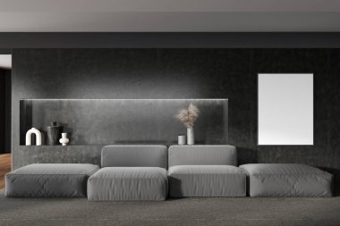 Front view on dark living room interior with empty white poster, large sofa, shelves with crockery, carpet on oak wooden floor. Concept of place for meeting. Mock up. 3d rendering