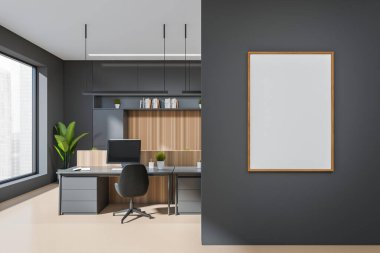 Front view on dark office interior with empty white poster, tables with desktops, panoramic window, shelves with books, concrete floor. Concept of place for working process. Mock up. 3d rendering