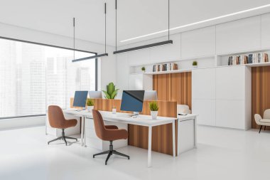Corner view on bright office interior with tables with desktops, panoramic window with Singapore view, shelves with books, concrete floor. Concept of place for working process. 3d rendering