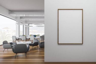 White coworking room interior with chairs and laptop, lounge zone and coffee table. Panoramic window on countryside, hardwood floor. Mockup canvas poster. 3D rendering