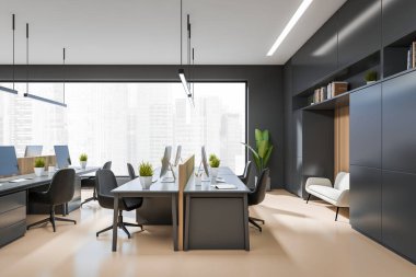 Side view on dark office interior with tables with desktops, sofa, panoramic window with Singapore view, shelves with books, concrete floor. Concept of place for working process. 3d rendering
