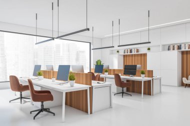 Light coworking interior with armchairs and pc computer in row, white concrete floor. Sofa and art decoration, chill area. Open space with panoramic window on Singapore. 3D rendering