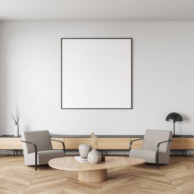 White relax interior with two armchairs and coffee table with art decoration, office cabinet on hardwood floor. Mock up blank poster. 3D rendering