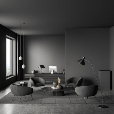Dark manager room interior with pc computer on desk, front view. Relax zone with armchairs, coffee table on grey concrete floor. Panoramic window on countryside. 3D rendering