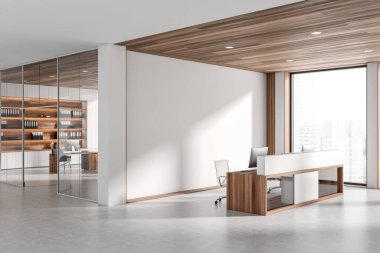 White reception hall interior with desk and pc computer, side view, office room behind glass doors. Panoramic window on city view, light concrete floor. Mockup empty wall. 3D rendering