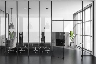 Dark conference room interior with armchairs and table, shelf with folders on grey concrete floor. Office documents and decoration, panoramic window on city view. 3D rendering