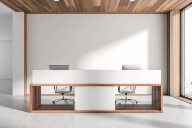 Modern reception interior with office desk and pc computer. Panoramic window on city view, grey concrete floor. Business hall entrance. Mockup empty white wall, 3D rendering