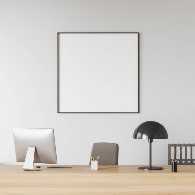 Ceo room interior with pc computer and lamp on wooden desk. Business documents and office tools, reed diffuser. Mockup canvas poster on white wall. 3D rendering