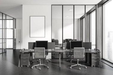 Dark coworking interior with armchairs and pc computer on grey concrete floor. Office workplace with panoramic window on Singapore city view. Mockup copy space poster. 3D rendering