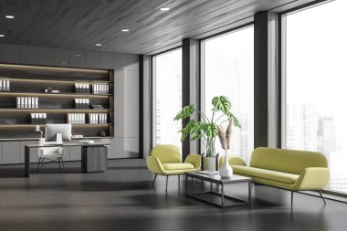 Dark business interior and chill area, sofa with armchair. Work desk and pc computer with cabinet, side view. Panoramic window on city view. 3D rendering