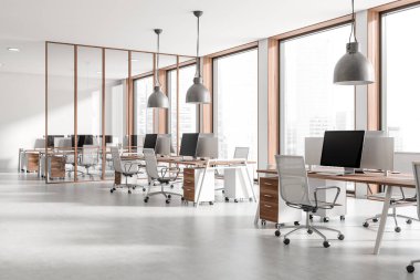 White workspace interior with armchairs and pc computer on desk, side view, light concrete floor. Open space coworking with panoramic window on Singapore city view. 3D rendering