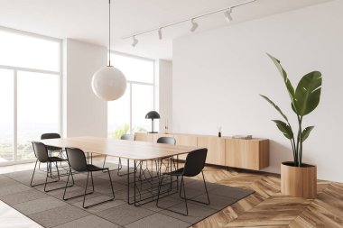 Meeting room interior with chairs and table, side view, carpet on hardwood floor. Living room and panoramic window on countryside. Mockup empty wall. 3D rendering