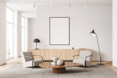 White living room interior with two armchairs and coffee table, dresser with art decoration, carpet on hardwood floor. Panoramic window on countryside. Mock up blank poster. 3D rendering