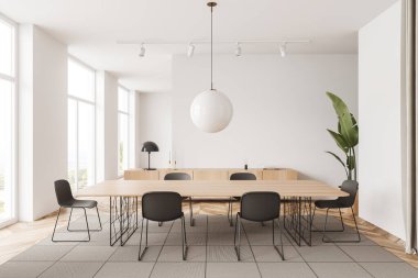 White meeting room interior with chairs and table on carpet, hardwood floor. Dresser with art decoration, plant and documents. Panoramic window on countryside. 3D rendering