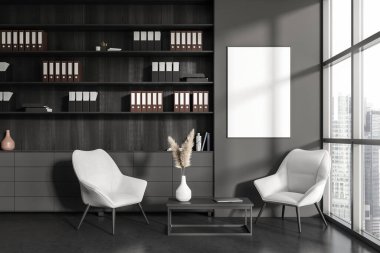 Dark relax place interior in business office, armchairs and laptop, sideboard with documents. Panoramic window on city view, grey concrete floor. Mock up canvas poster. 3D rendering
