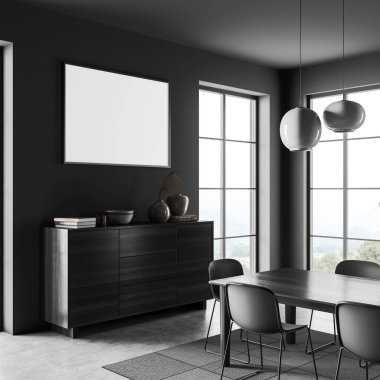 Dark dining interior with chairs and eating table on carpet, side view, grey concrete floor. Dresser with art decoration. Panoramic window on countryside. Mockup canvas poster. 3D rendering