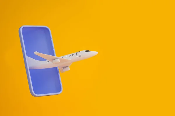 Phone White Airplane Flying Yellow Background Mobile App Online Ticket — Foto de Stock