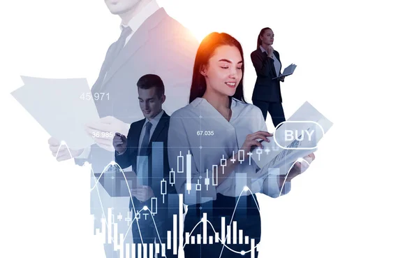 Businesswoman Businessman Wearing Formal Wear Standing Holding Documents Financial Graph — стоковое фото