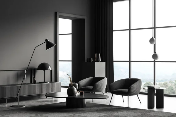 Dark Lounge Zone Interior Two Armchairs Side View Coffee Table — Stockfoto