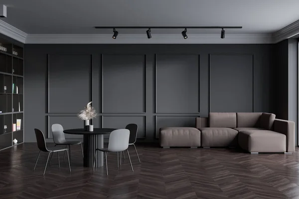 Dark Living Room Interior Sofa Chairs Table Shelf Decoration Parquet — Stok fotoğraf