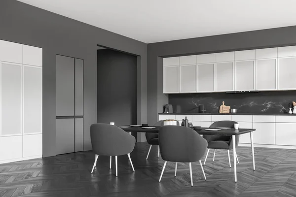 Grey Kitchen Interior Armchairs Eating Table Black Hardwood Floor Side — Stock Photo, Image