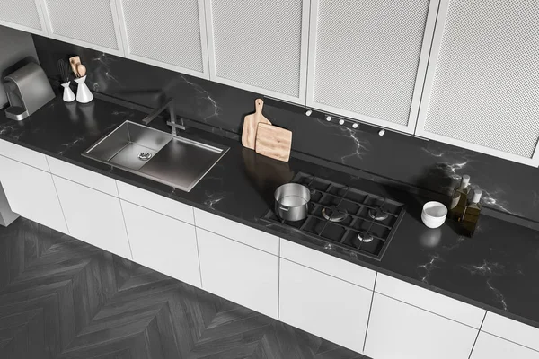 洗面台やストーブ付きのスタイリッシュな料理のインテリアのトップビュー 大理石のデッキでの家電製品や台所用品 現代のアパートの調理エリア 3Dレンダリング — ストック写真