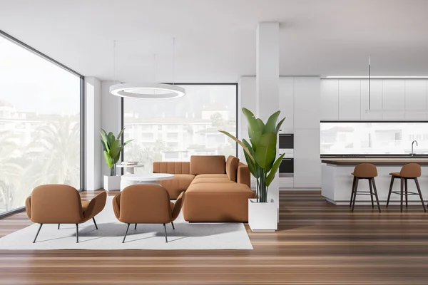 Front view on bright studio room interior with island with barstools, panoramic window, sofa, armchair, white wall, sink, oven, oak wooden floor. Concept of minimalist design. 3d rendering