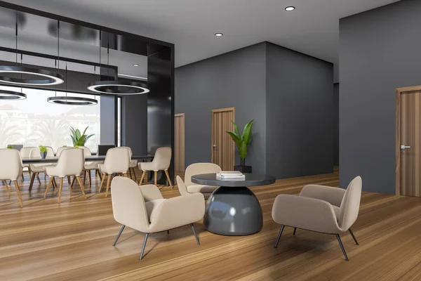 Dark business hall interior with coworking and chill area. Chairs and coffee table with books on hardwood floor, side view. Panoramic window on countryside. 3D rendering