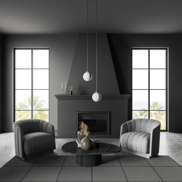 Dark living room interior with two armchairs and coffee table, fireplace and decoration, front view, carpet on grey concrete floor. Panoramic window on countryside. 3D rendering