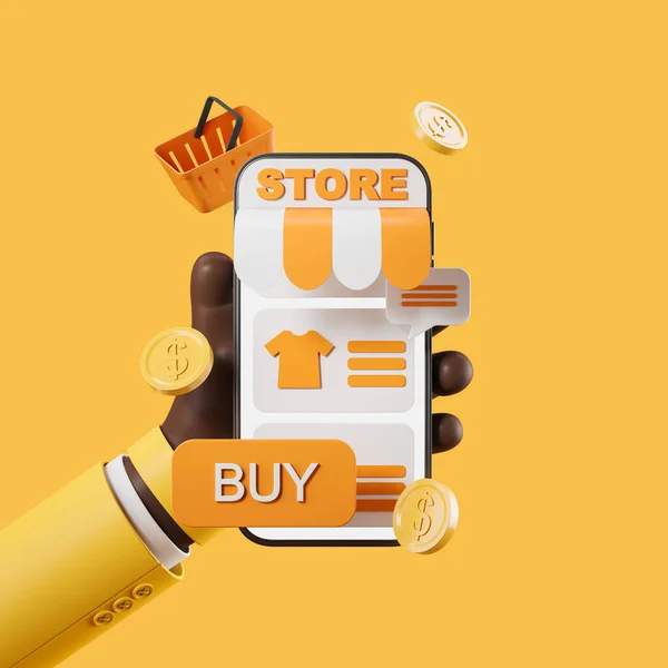 Black Cartoon Hand Hold Phone Store Coins Basket Yellow Background — Stok fotoğraf