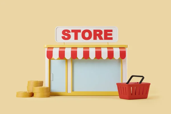 Store and stack of coin with red basket, light yellow background. Concept of online shopping and payment. 3D rendering