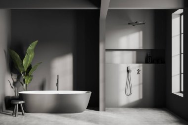 Front view on dark bathroom interior with bathtub, shower, grey walls, shelf with shampoo and liquid soap, stool, houseplant, concrete floor. Concept of water treatment. 3d rendering