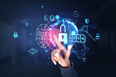 Woman finger touch fingerprint with earth sphere hologram. Biometric verification and facial recognition, padlock with password. Concept of verification and id