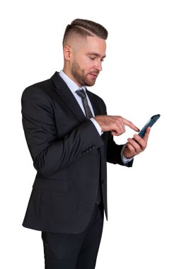 Businessman profile with a happy smile finger touch mobile phone, isolated over white background. Business network and online communication. Concept of social media