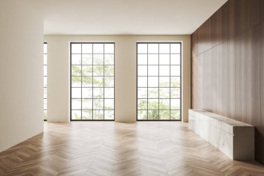 Bright empty room interior with panoramic windows with countryside view. White wall, oak wooden hardwood floor. Concept of spacious place in quiet place made for creative idea. 3d rendering