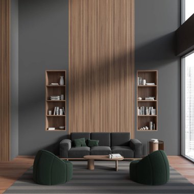 Dark living room interior with sofa and two armchairs, shelf with decoration, carpet on hardwood floor. Panoramic window on skyscrapers. Copy space wooden wall. 3D rendering